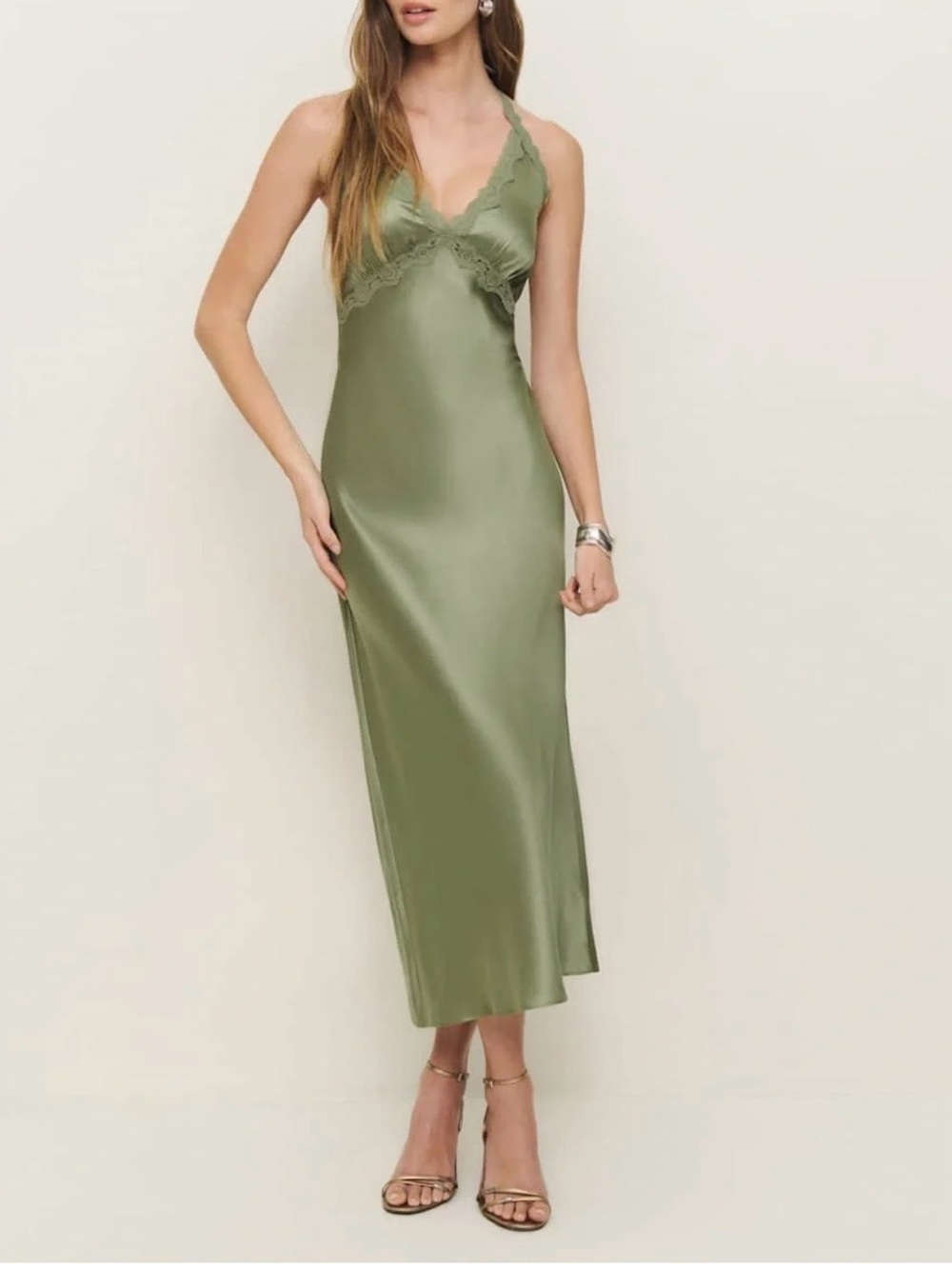 Reformation Nora Silk Dress In artichoke, NEW WITHOUT TAGS, NEVER WORN, NO FLAWS